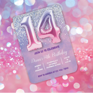 Lila und rosa 14. Geburtstagsballon Einladung
