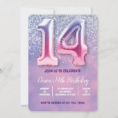 Lila und rosa 14. Geburtstagsballon Einladung (Vorderseite)
