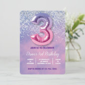 Lila und rosa 3. Geburtstagsballon Einladung (Stehend Vorderseite)