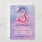 Lila und rosa 3. Geburtstagsballon Einladung (Vorderseite)