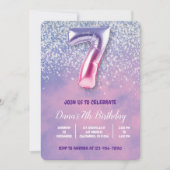 Lila und rosa 7. Geburtstagsballon Einladung (Vorderseite)