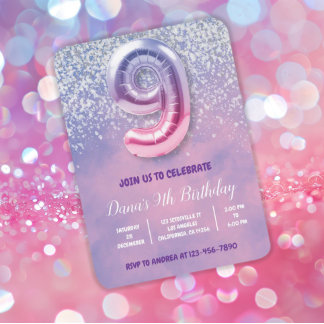 Lila und rosa 9. Geburtstagsballon Einladung