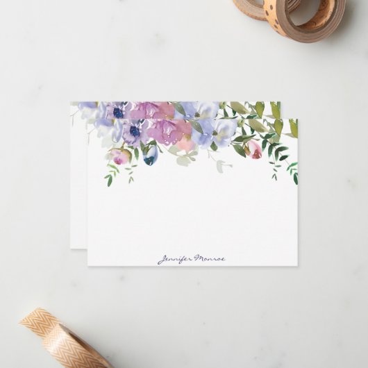 Lila und rosa Aquarellblumen personalisiert Mitteilungskarte (Vorderseite/Rückseite Beispiel)