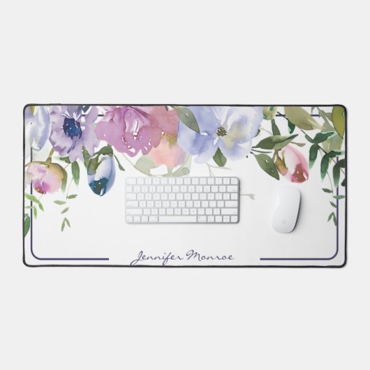 Lila und rosa Aquarellblumen personalisiert Schreibtischunterlage (Tastatur & Maus)