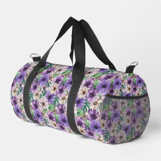 Lila und rosa Blume Duffle Bag (Rechte Ecke)