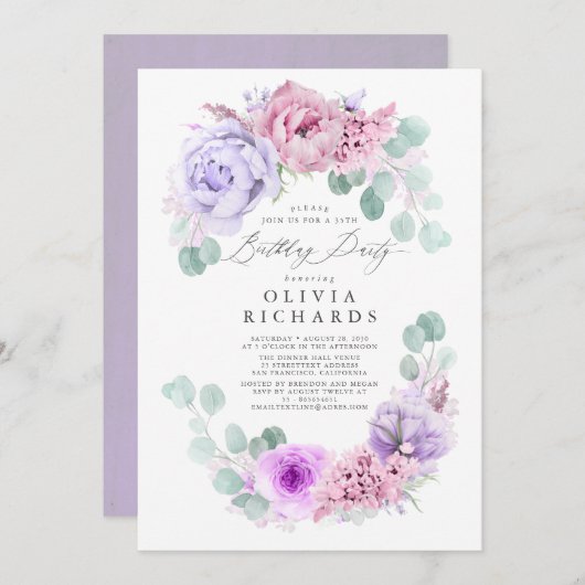 Lila und rosa Blume Geburtstagsparty Einladung (Vorne/Hinten)