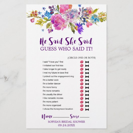 Lila und rosa Blume "He Said She" Spiel (Vorderseite)