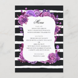 Lila und rosa Blume. Schwarz-Streifen-Hochzeit Menükarte