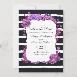 Lila und rosa Blume. Schwarz-Streifen-Hochzeit Save The Date