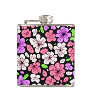 Lila und rosa Blumen und Blütenmuster Schwarz Flachmann