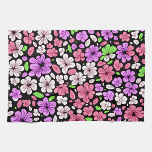 Lila und rosa Blumen und Blütenmuster Schwarz Geschirrtuch