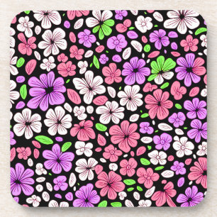 Lila und rosa Blumen und Blütenmuster Schwarz Getränkeuntersetzer