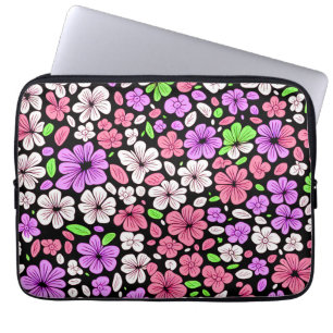 Lila und rosa Blumen und Blütenmuster Schwarz Laptopschutzhülle
