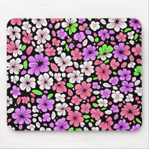 Lila und rosa Blumen und Blütenmuster Schwarz Mousepad