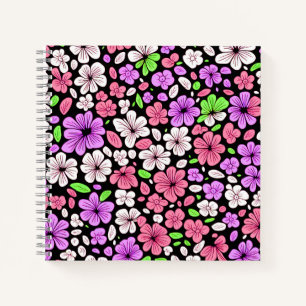 Lila und rosa Blumen und Blütenmuster Schwarz Notizblock