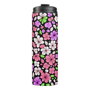 Lila und rosa Blumen und Blütenmuster Schwarz Thermosbecher