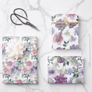 Lila und rosa Blumenmuster Geschenkpapier Set