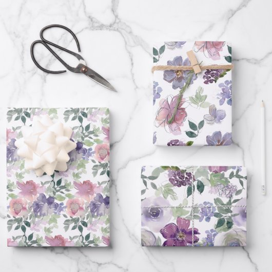 Lila und rosa Blumenmuster Geschenkpapier Set (Vorderseite)