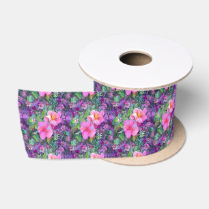 Lila und rosa botanisches Blumenmuster  Satinband