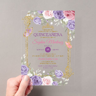 Lila und rosa florale goldene Krone Mädchen Quince Acryleinladungen