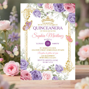 Lila und rosa florale goldene Krone Mädchen Quince Einladung