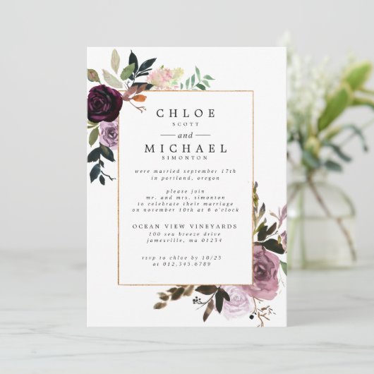 Lila und rosa floraler Rustikaler Empfang Einladung (Stehend Vorderseite)