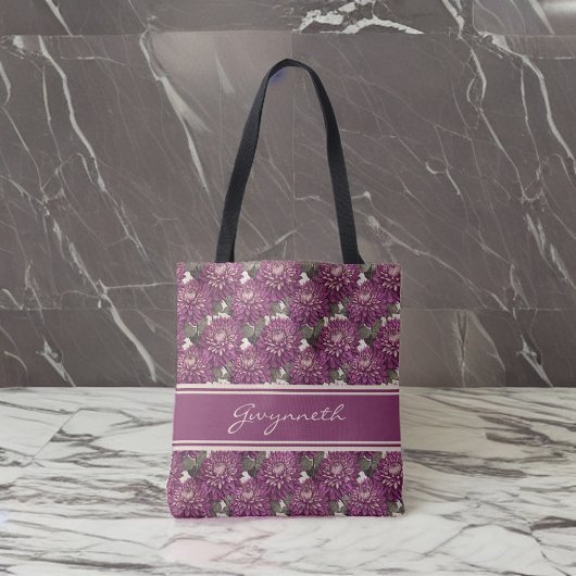 Lila und rosa Fringed Dahlia Pattern Monogramm Tasche