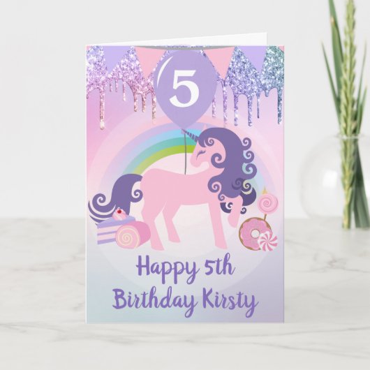Lila und rosa Glitzer Einhorn Süßigkeiten Geburtst Karte (Vorderseite)