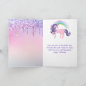 Lila und rosa Glitzer Einhorn Süßigkeiten Geburtst Karte (Innenseite)