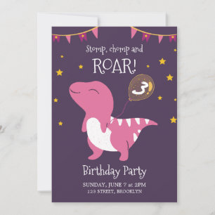 Lila und rosa Roar Dinosaurier Geburtstagsparty Einladung