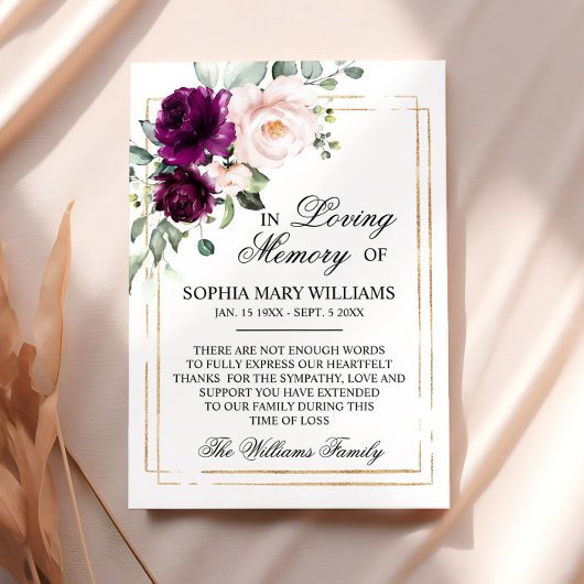 Lila und rosa Rose-Beileid-Speicher Dankeskarte