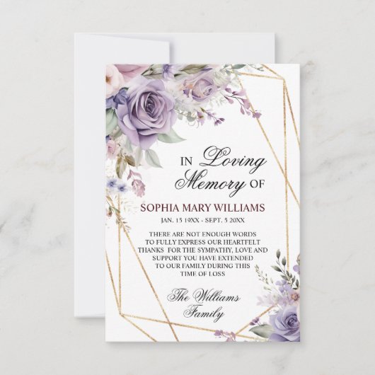 Lila und rosa Rose Blume Beileid Dankeskarte (Vorderseite)