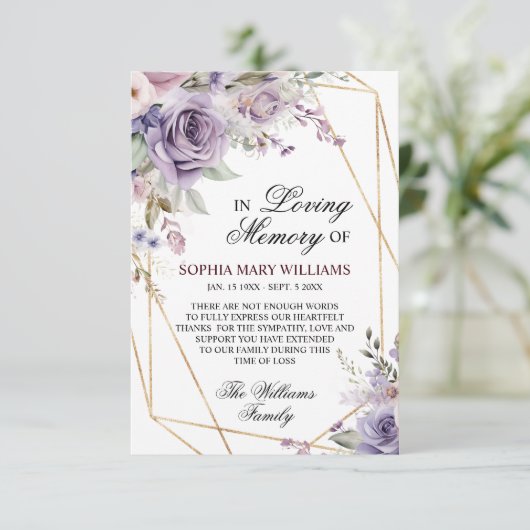 Lila und rosa Rose Blume Beileid Dankeskarte (Stehend Vorderseite)