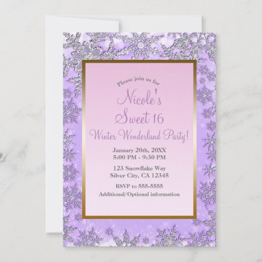 Lila und rosa Schneeflocken Winterwonderland Party Einladung (Vorderseite)