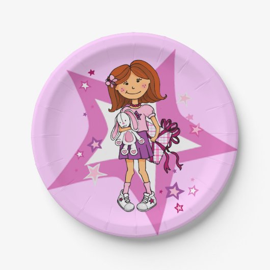 Lila und rosa Stern dunkle Haare Mädchen Party Pappteller (Vorderseite)