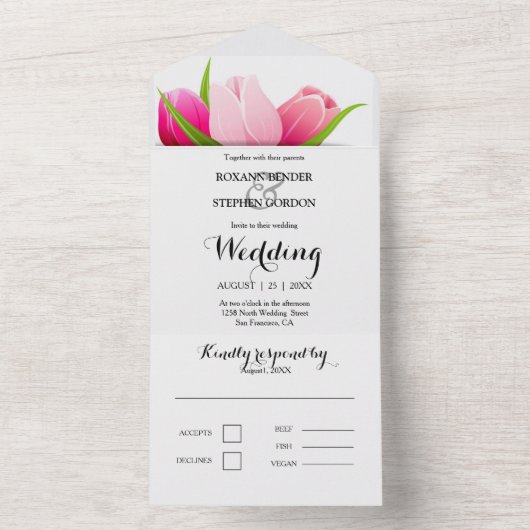Lila und rosa Tulips Hochzeit All In One Einladung (Innen Boden)