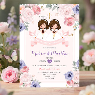 Lila und Rosa TWIN Mädchen 1. Kommunion Blumen Einladung