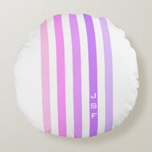 Lila und Rosa vertikale Streifenmonogramm Rundes Kissen