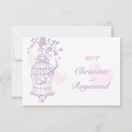 Lila und rosa Vögel öffnen Käfig Hochzeitskarte RSVP Karte