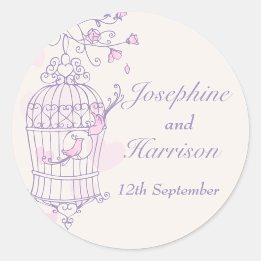 Lila und rosa Vögel öffnen Käfig Hochzeitsticker Runder Aufkleber (Vorderseite)