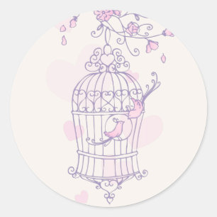 Lila und rosa Vögel öffnen Käfig Hochzeitsticker Runder Aufkleber