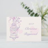 Lila und rosa Vögel öffnen Käfighochzeit RSVP (Stehend Vorderseite)