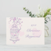 Lila und rosa Vögel öffnen Käfighochzeit RSVP Einladung (Stehend Vorderseite)