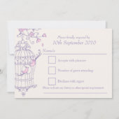 Lila und rosa Vögel öffnen Käfighochzeit RSVP Einladung (Rückseite)