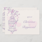 Lila und rosa Vögel öffnen Käfighochzeit RSVP Einladung (Vorne/Hinten)