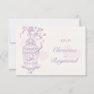 Lila und rosa Vögel öffnen Käfighochzeit RSVP Karte