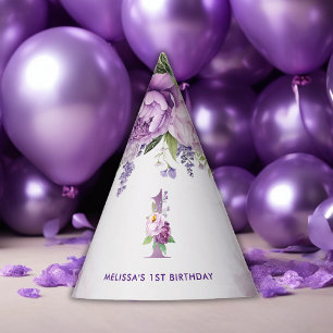 Lila und rosafarbene Blume 1. Geburtstag Partyhütchen