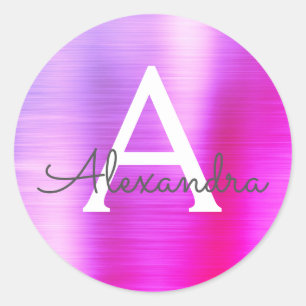 Lila und rosafarbene Girly-Metallic-Monogramm Runder Aufkleber
