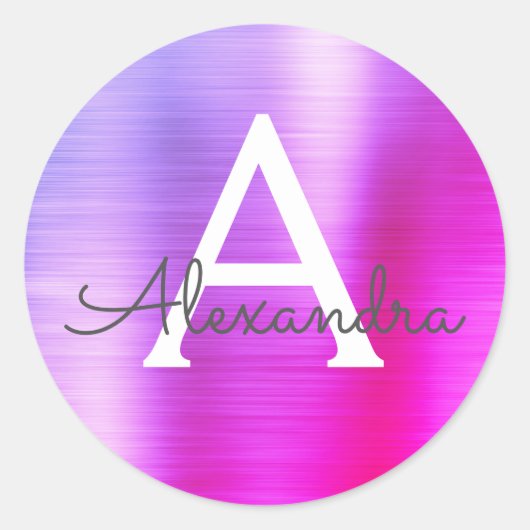 Lila und rosafarbene Girly-Metallic-Monogramm Runder Aufkleber (Vorderseite)