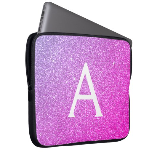 Lila und rosafarbener Glitzer und Monogramm Laptopschutzhülle (Vorne Rechts)